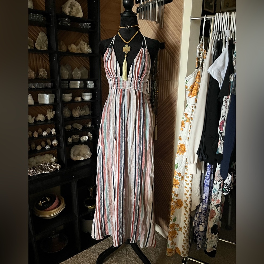 Striped En Crème Boho Pink Red, Blue, Teal Summer Tie Back Halter Maxi Dress